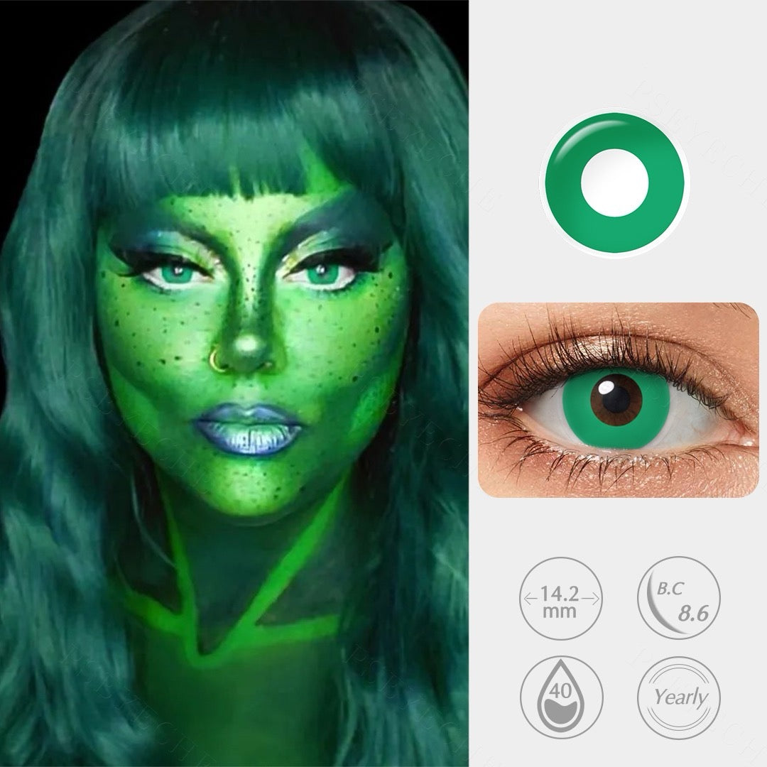 Toxic Envy all-green colored contact lenses for eerie and supernatural Halloween eyes