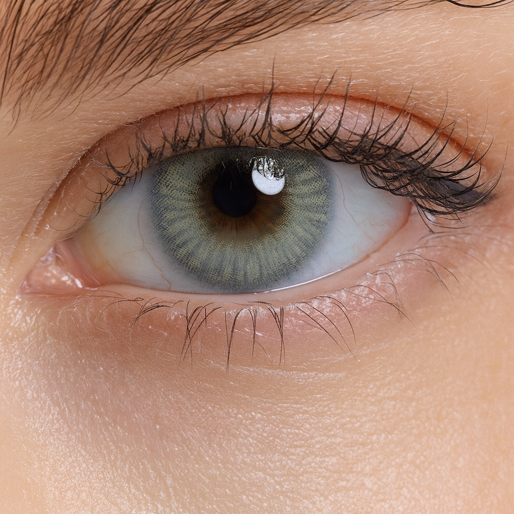Close-up of Bora green contact lenses blending light and medium green shades