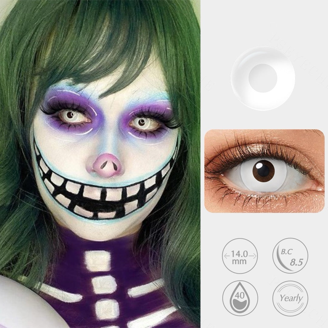 Full white contact lenses for a scary Halloween or cosplay look, designed for dramatic impact with breathable comfort and UV protection