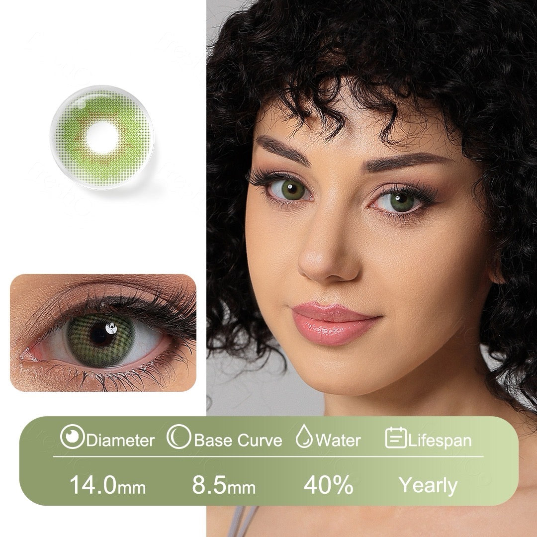 Green colored contact lenses with natural vibrant tones, designed for comfort and durability using Fusion Technology