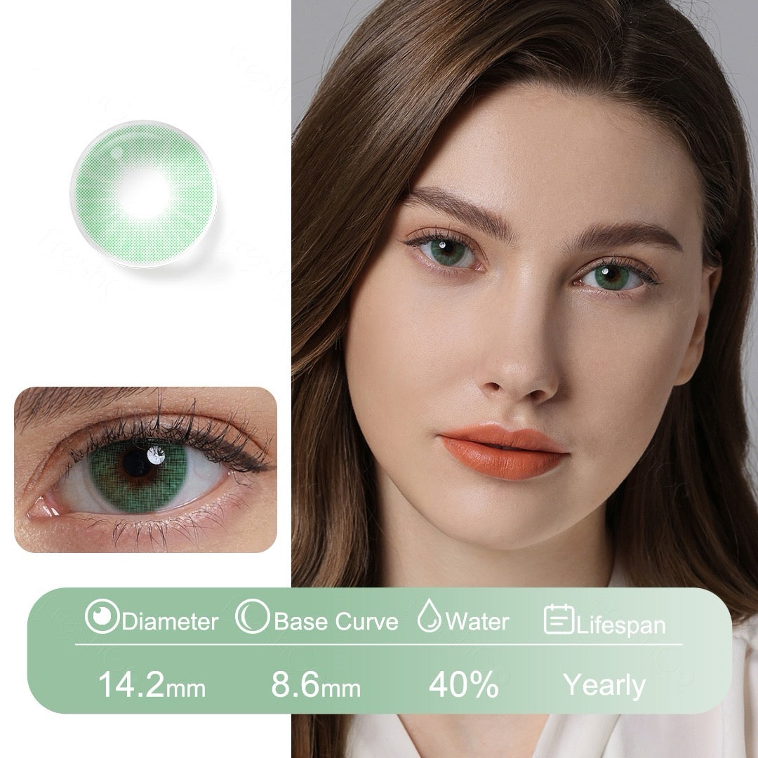 Green contact lenses with a vibrant emerald-inspired shade, blending naturally using Fusion Technology for comfort and lasting wear