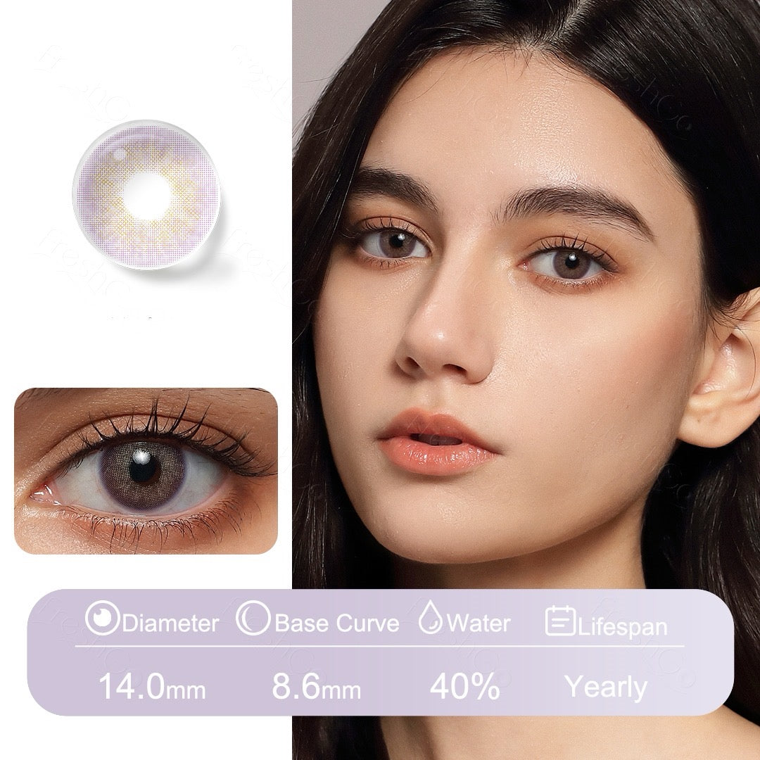 Violet colored contact lenses with a bold yet soft look, designed using Fusion Technology for a natural blend and all-day comfort