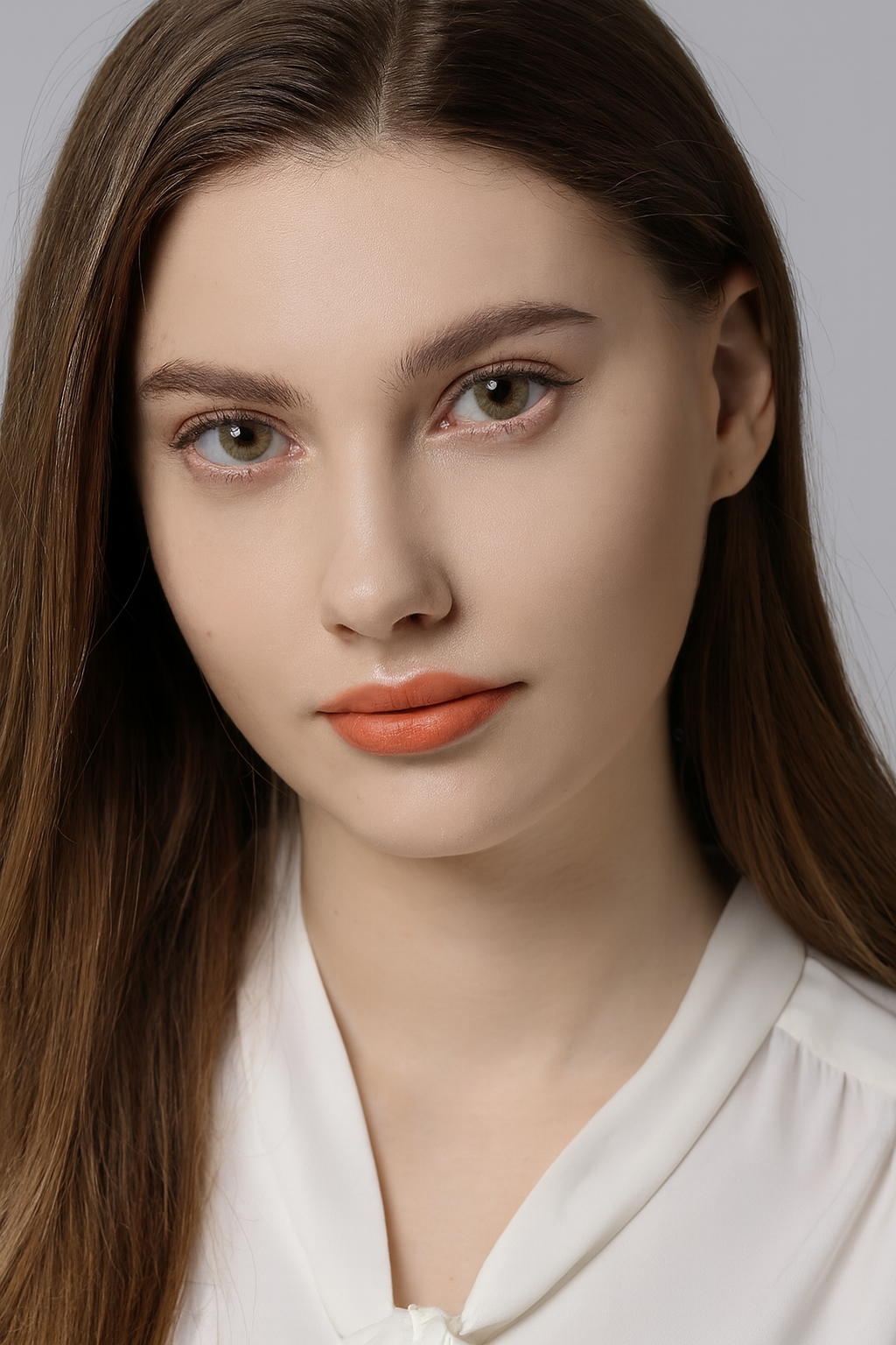 Model wearing Eagle hazel green contacts with subtle blend of brown and green shades