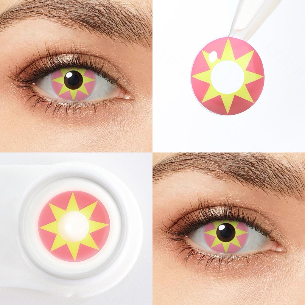 Close-up of Star Queen colored contact lens with pink background and yellow star-shaped detail around the pupil