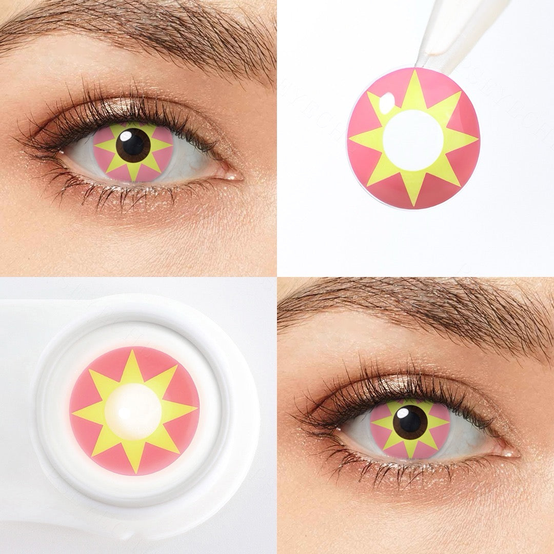 Close-up of Star Queen colored contact lens with pink background and yellow star-shaped detail around the pupil