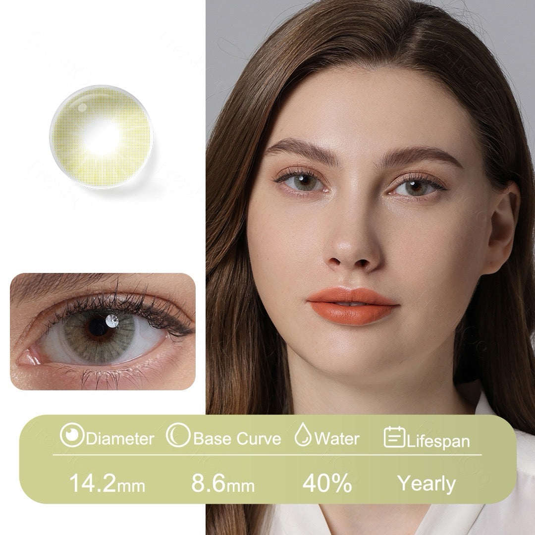 Light green colored contact lenses with a bold, natural finish inspired by tiger tones, designed for comfort with Fusion Technology
