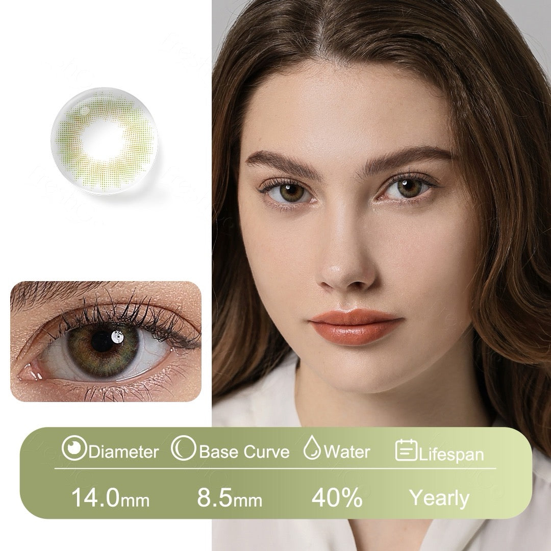 Olive hazel green contact lenses with a natural color blend, offering comfort, durability, and seamless Fusion Technology integration