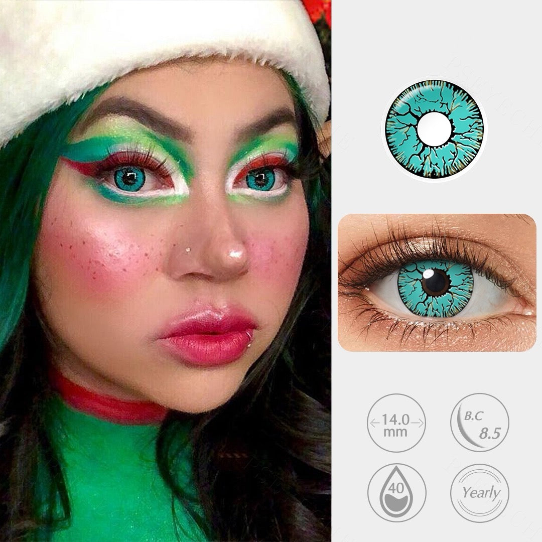 Blue Glacial lenses creating haunting eye appearances for special effects makeup