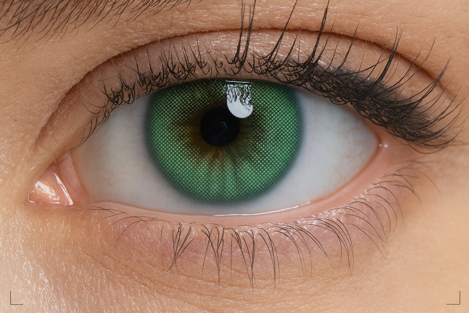 Close-up of Ruby green contact lenses blending light and rich green shades
