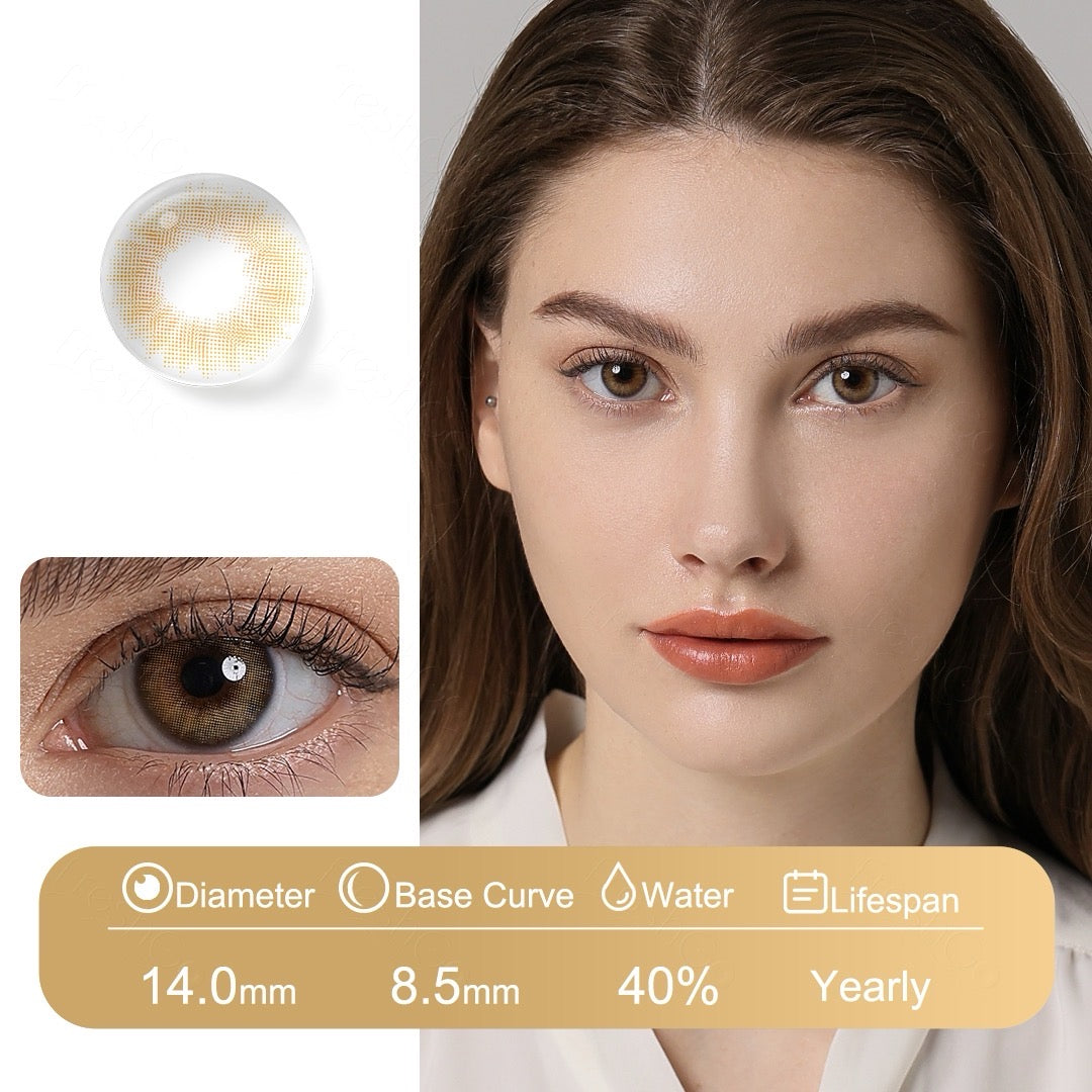 Hazel brown contact lenses with yellow undertones, offering a natural autumn-inspired look with Fusion Technology and all-day comfort
