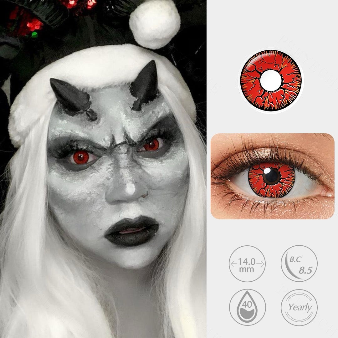 Red Glacial contact lens with solid red base, black outer ring, and vein-like black detailing for a horror-inspired look