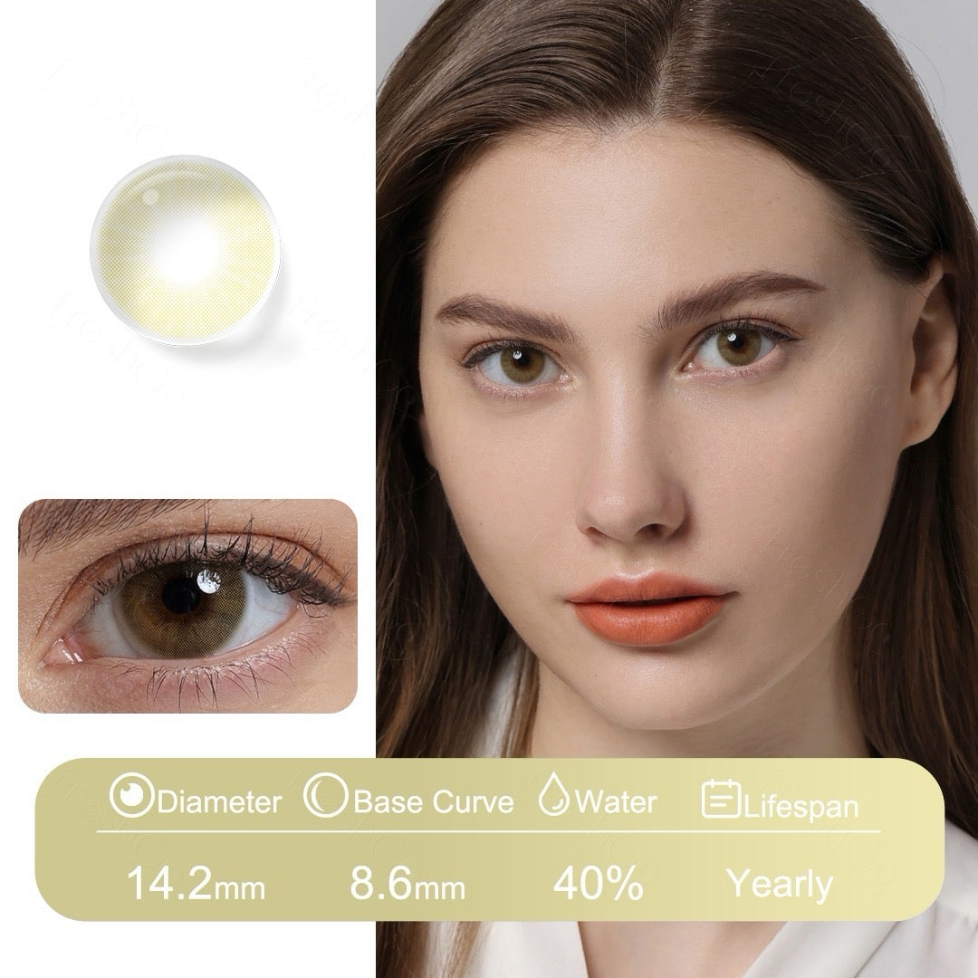 Hazel brown contact lenses with warm, earthy tones, featuring Fusion Technology for a bold, natural look and long-lasting comfort