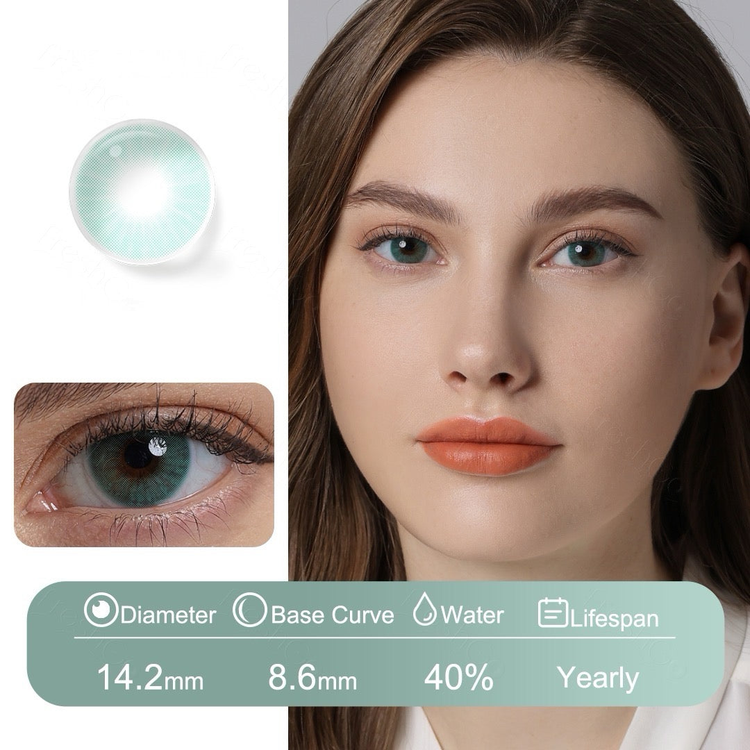 Green colored contact lenses with aquamarine tones blending naturally using Fusion Technology for a realistic eye enhancement