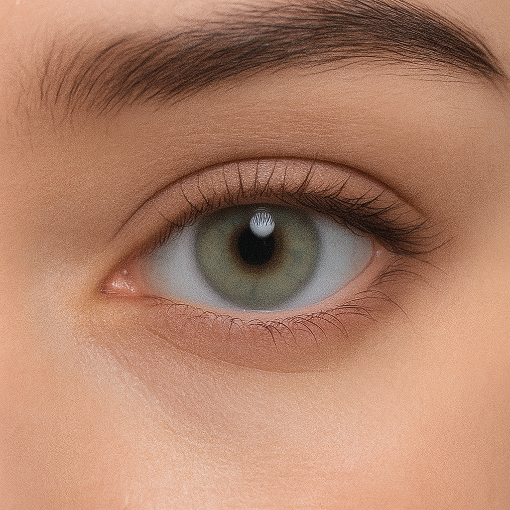 Close-up of Green Woods colored contacts blending deep forest green with lighter accents