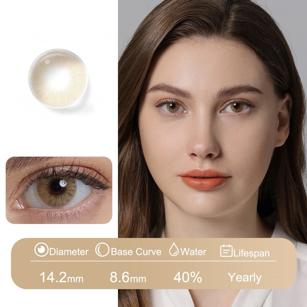 Brown contact lenses with soft yellow undertones, inspired by quartz tones and designed with Fusion Technology for comfort and a natural appearance