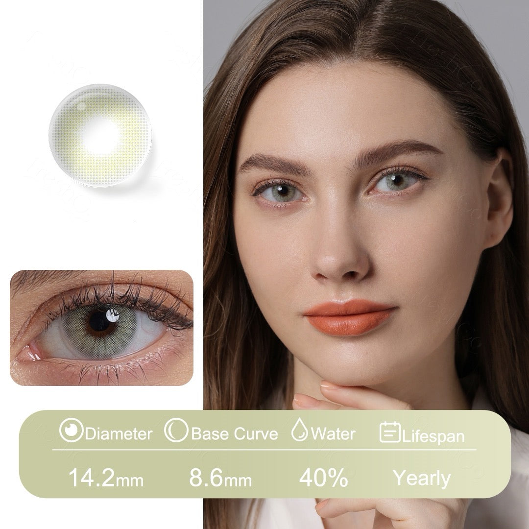 Light green colored contact lenses inspired by jade, designed with Fusion Technology for a natural look and comfortable wear