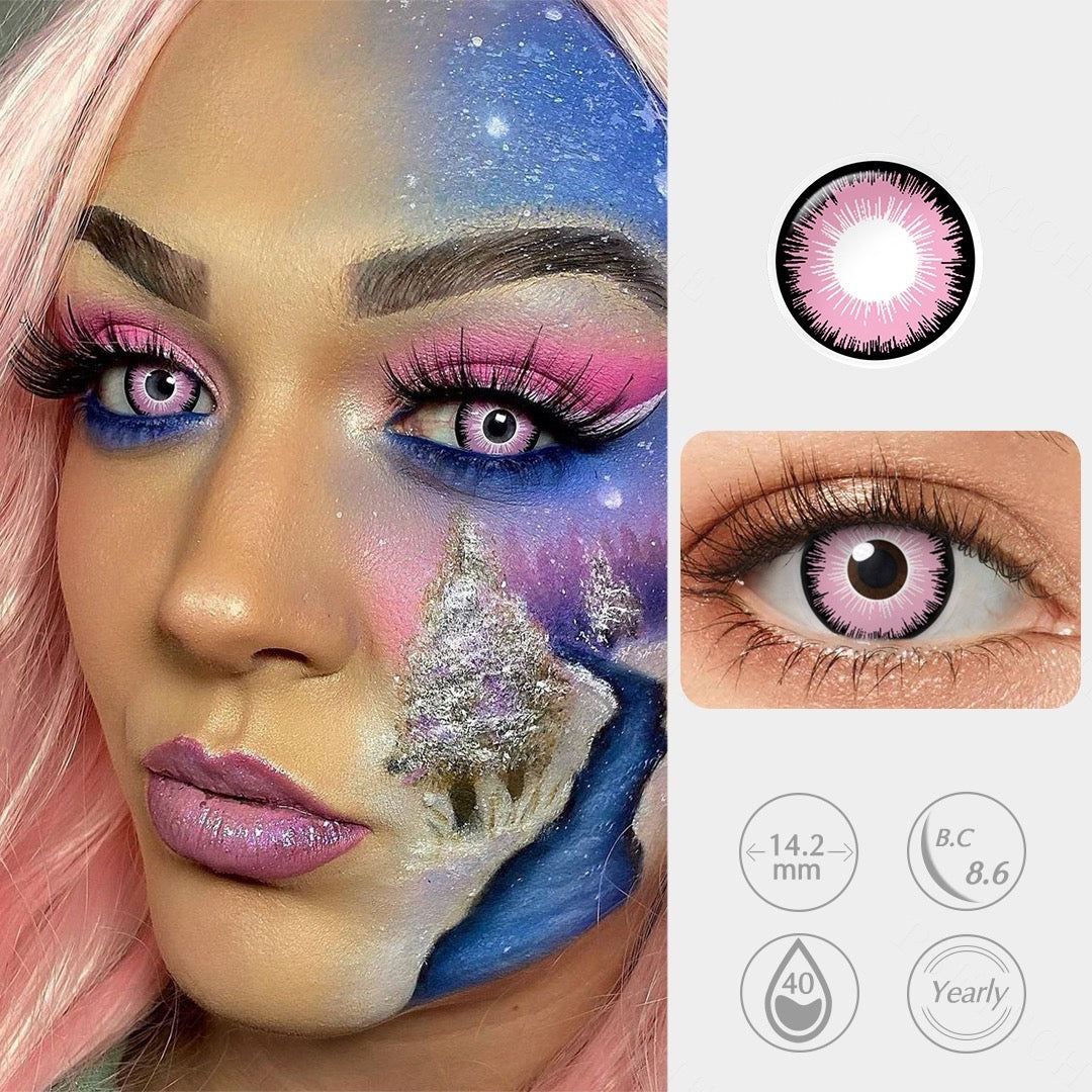 Midnight Blossom pink and black cosplay contact lenses for feminine spooky Halloween eyes
