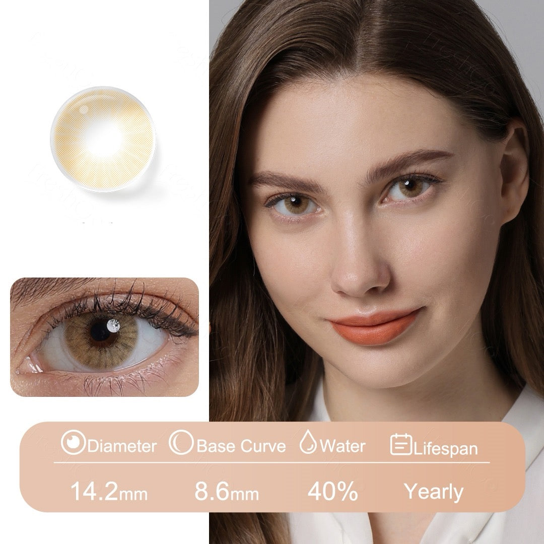 Brown contact lenses with golden yellow tones inspired by the savannah, blending naturally with Fusion Technology for comfort and durability