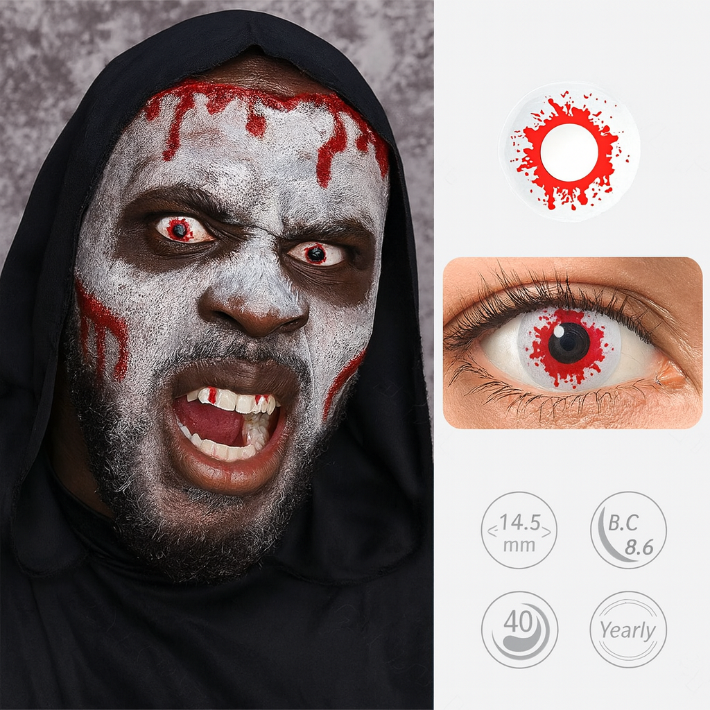 White Lenses with Red Blood Splatter | Halloween Contact Lenses For Men