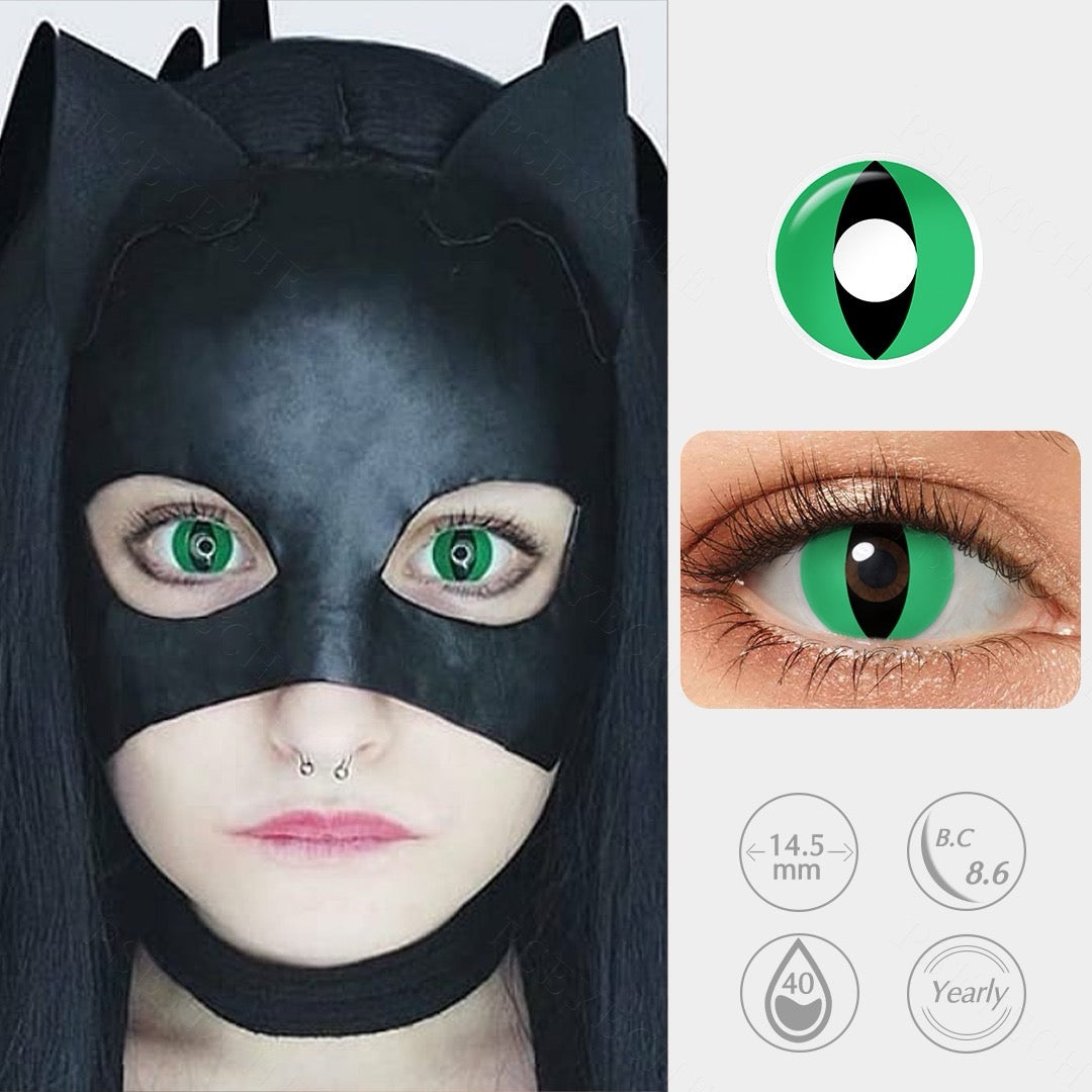Model wearing Emerald Fang lenses for a fierce and mysterious cosplay look