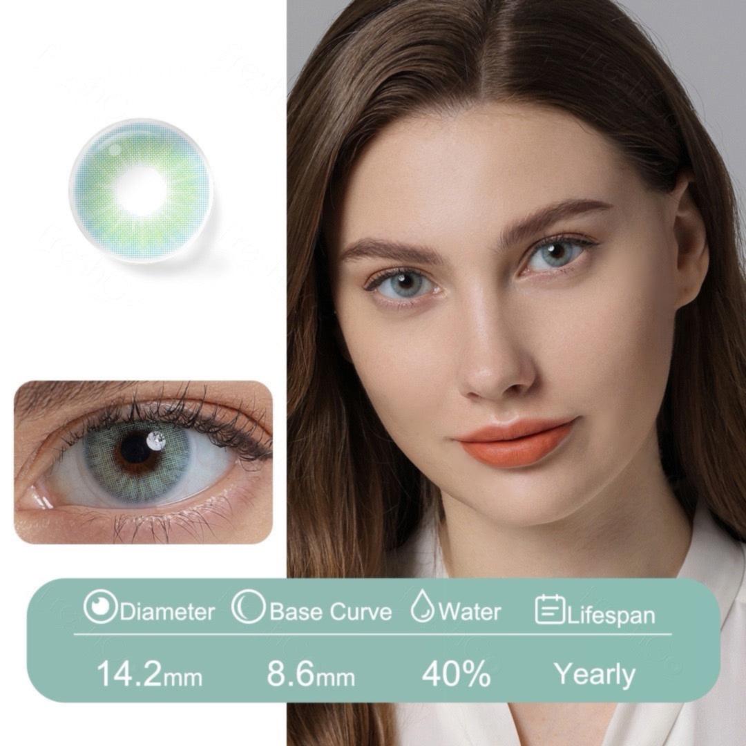 Opale blue colored contact lenses with vibrant sapphire and sky-blue tones for striking eyes