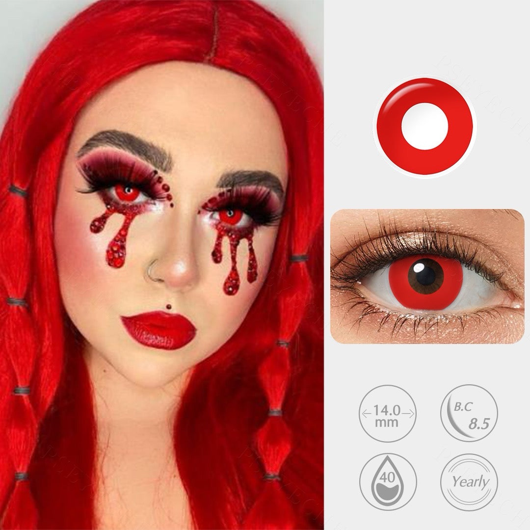 Model wearing Scarlet Hex lenses for vampire, demon, or horror cosplay transformation