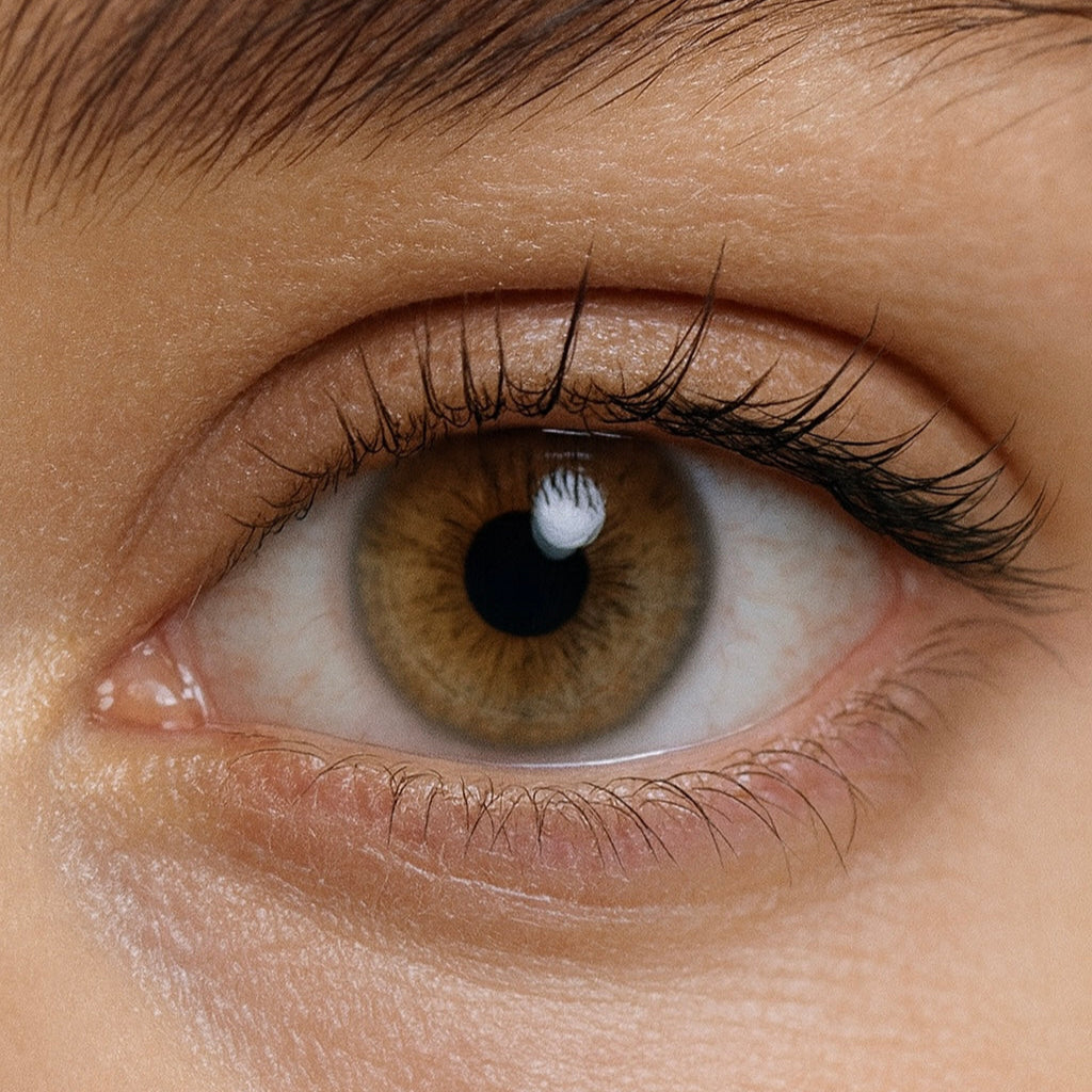 Close-up of Quartz hazel brown contact lenses blending light and dark brown shades