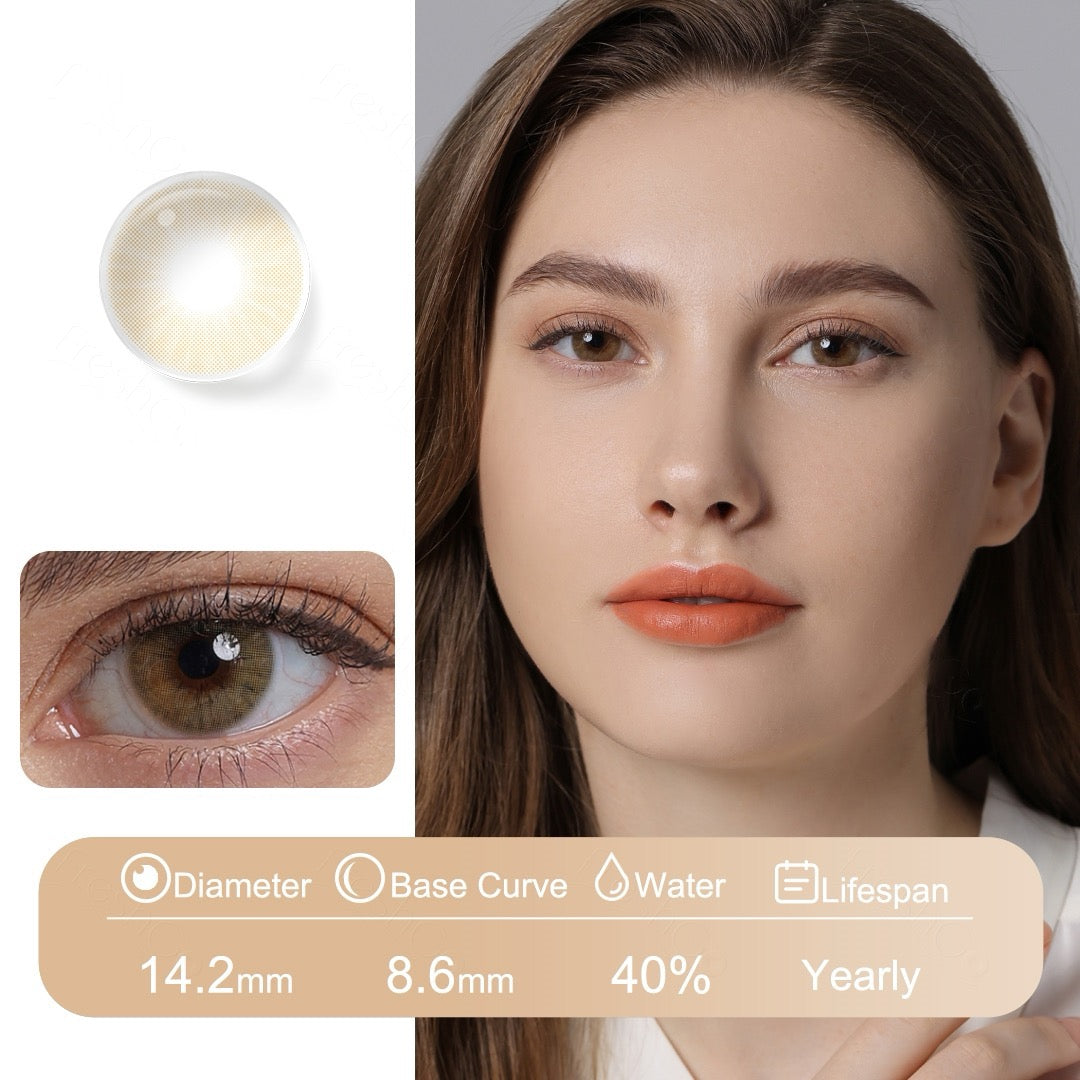 Model wearing Lynx hazel contacts that blend light brown and green for subtle eye enhancement