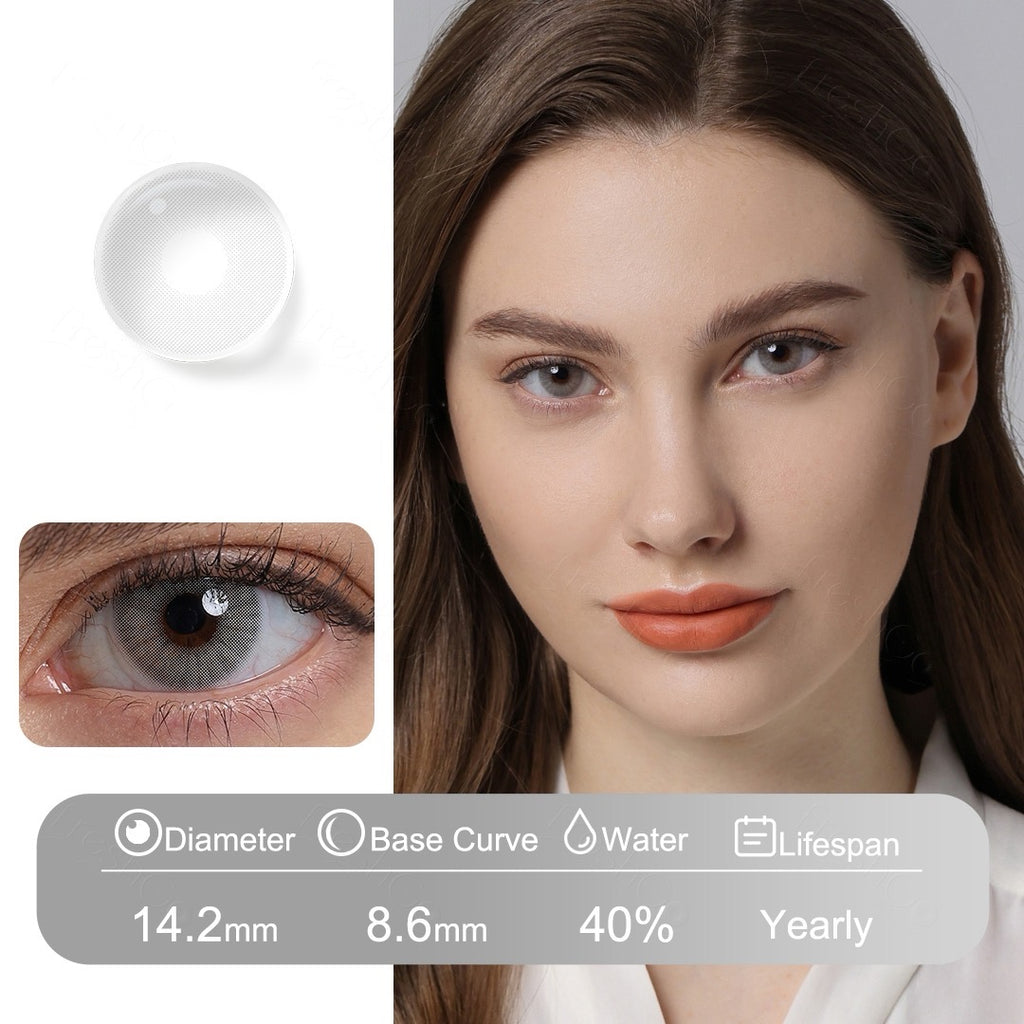 Gray colored contact lenses with a soft, crystal-like finish, blending naturally using Fusion Technology for comfort and a refined look