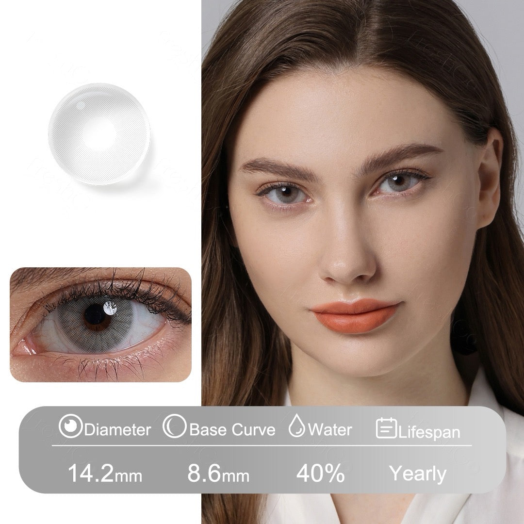 Gray colored contact lenses with a soft, crystal-like finish, blending naturally using Fusion Technology for comfort and a refined look