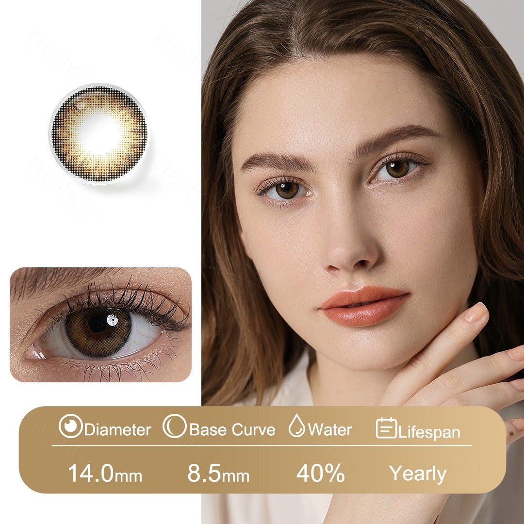 Hazel brown contact lenses with warm earthy tones, featuring Fusion Technology for a seamless, natural finish and long-lasting comfort