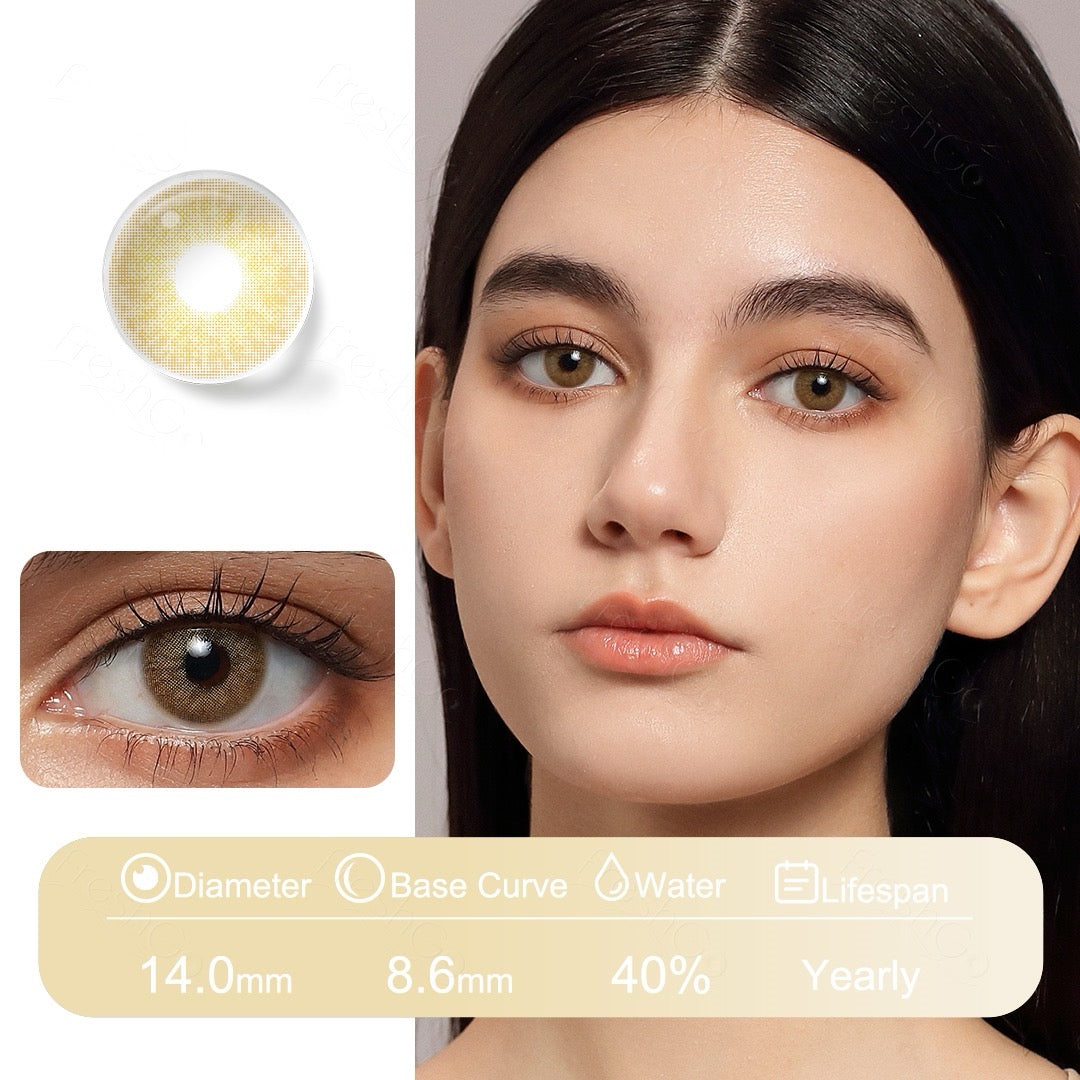 Brown colored contact lenses in a warm coffee tone, blending naturally with eyes using Fusion Technology and built for comfort and durability