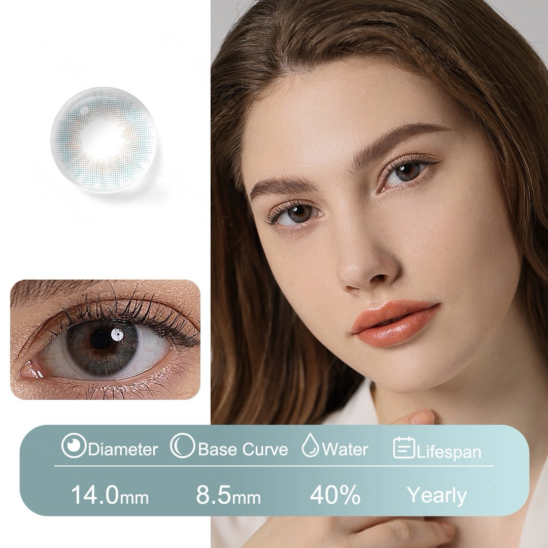 Light blue colored contact lenses with a frosty, natural finish, designed for comfort and realism using Fusion Technology