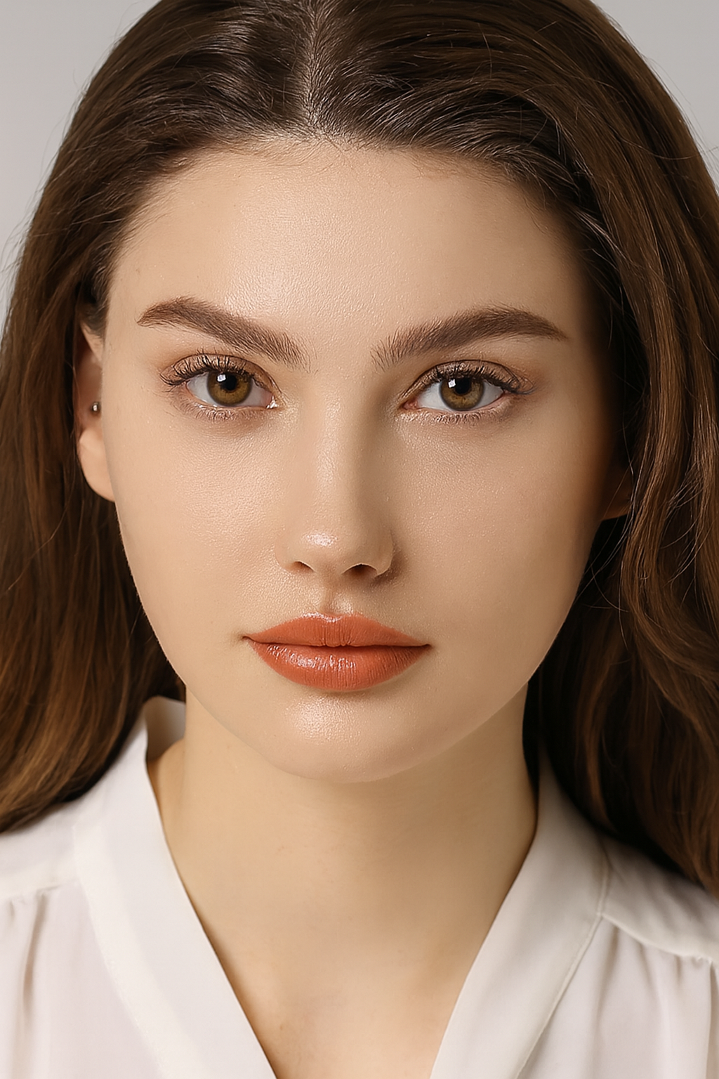 Model wearing Autumn Woods lenses for a cozy hazel brown eye transformation
