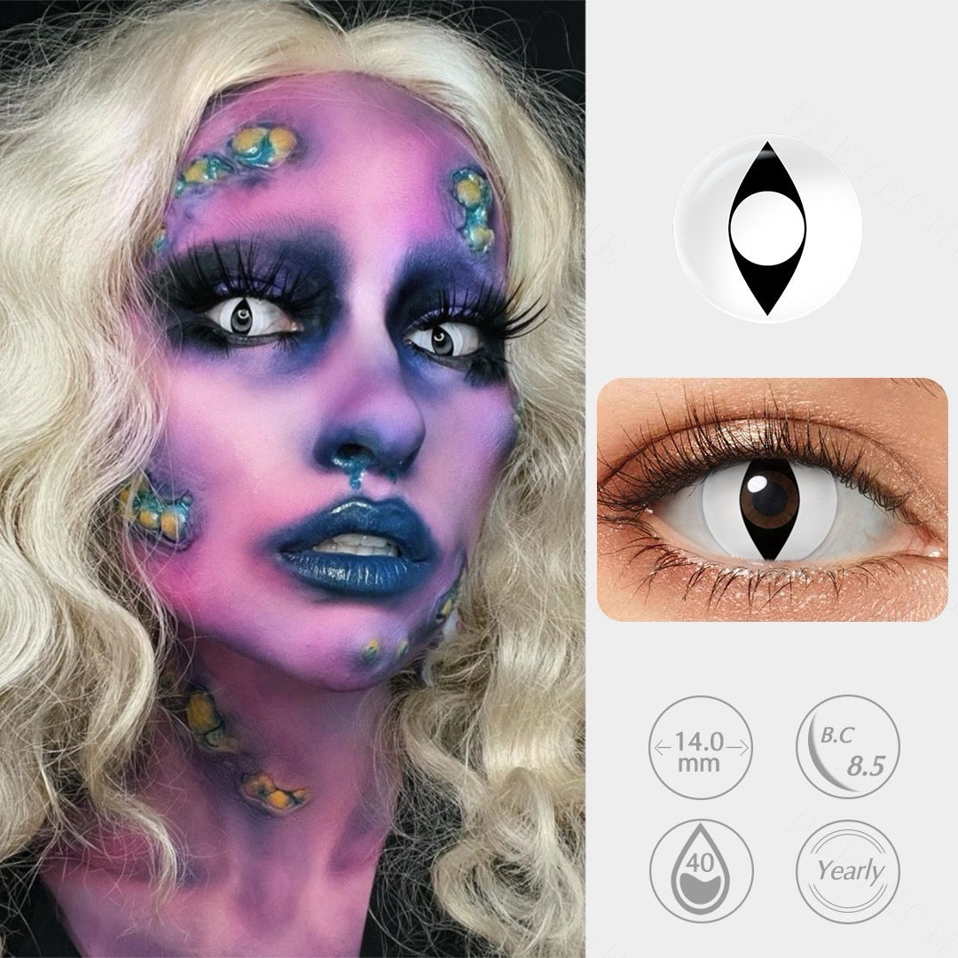Black and white Halloween contact lenses with a diamond pattern, perfect for cosplay or horror looks, designed for dramatic style and all-day comfort