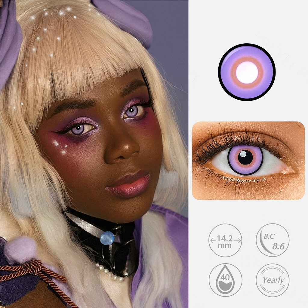 Model wearing Dark Amethyst lenses with pink-purple iris and black outer ring for anime cosplay