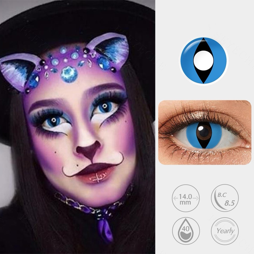 Blue Cat Eye lenses with reptilian slit pupil design for cosplay and horror costumes