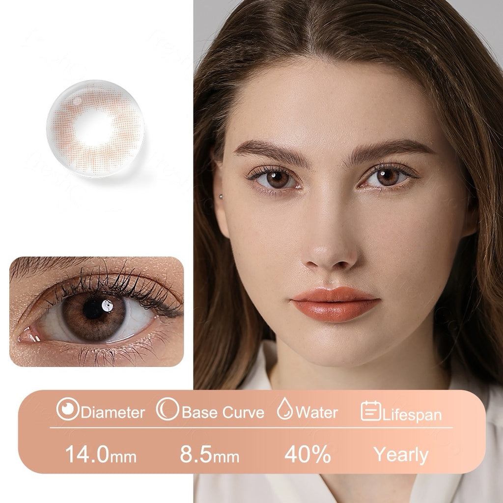 Peach brown colored contact lenses with soft warm tones for natural eye enhancement