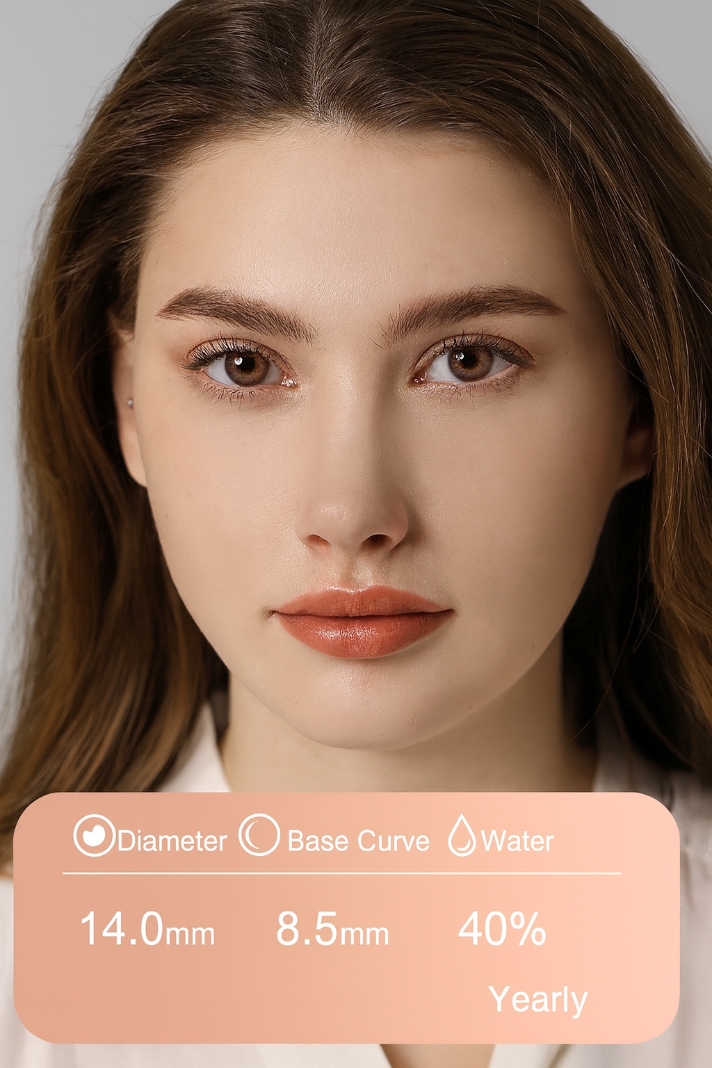 Model wearing Peach brown contacts for subtle, everyday brown eye transformation