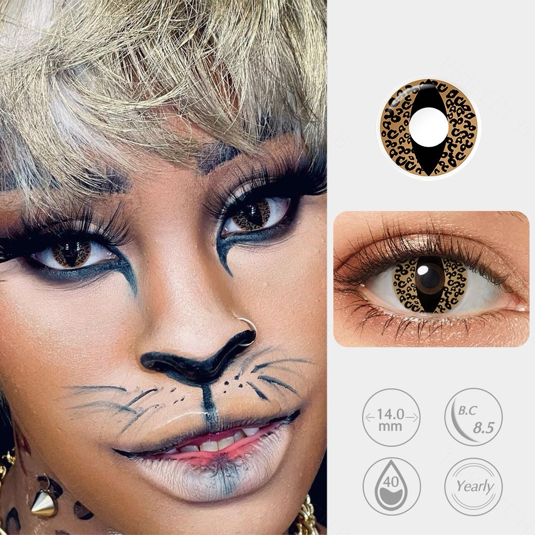 Leopard-patterned Halloween contact lenses with a wild animal design, made for comfort and UV protection