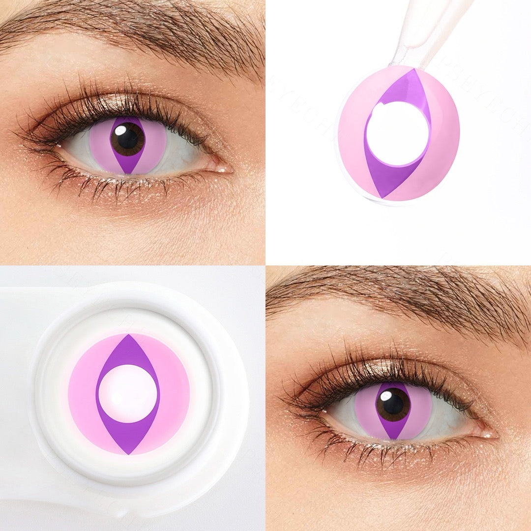 Close-up of Blush Predator pink cat eye contact lenses with vertical slit pupil