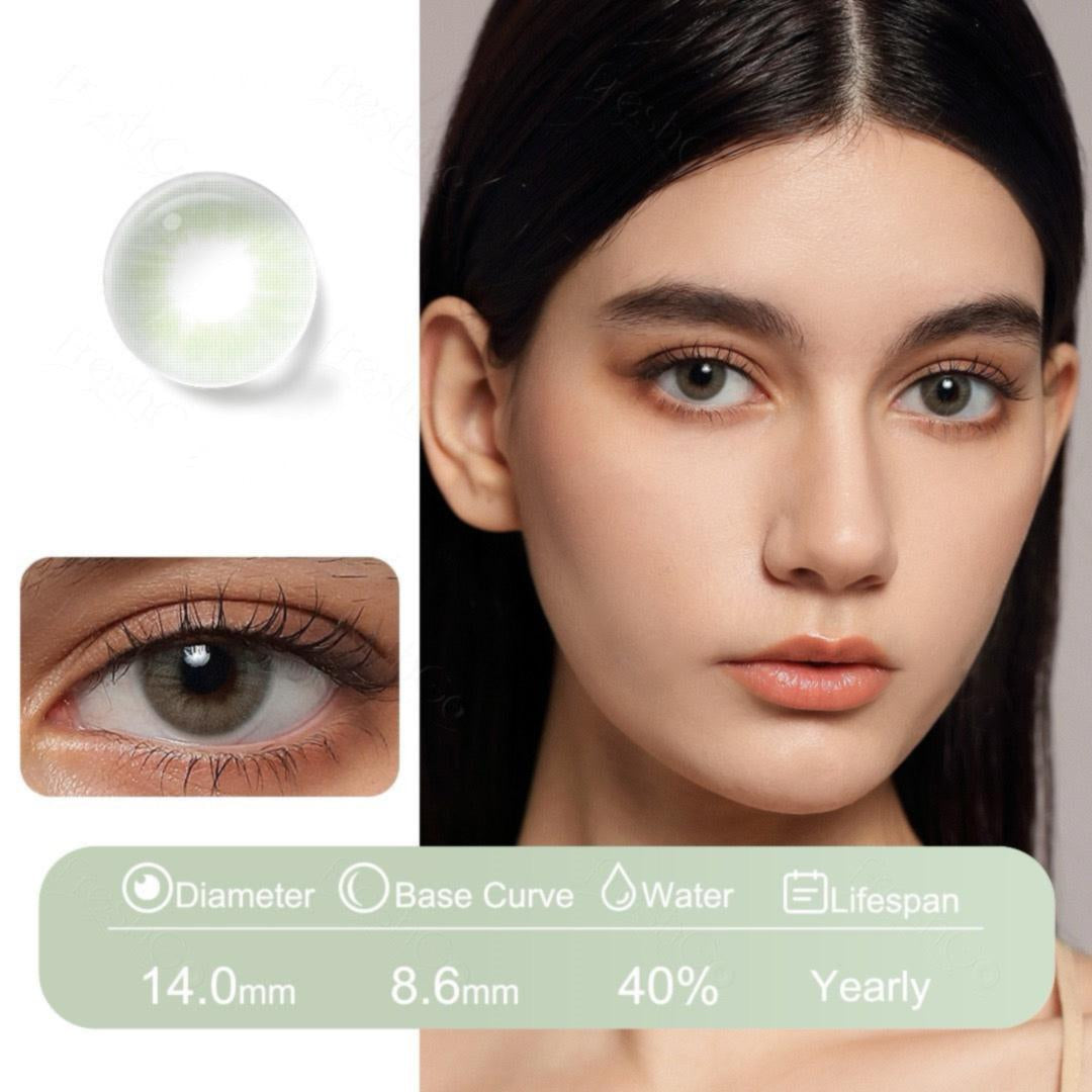 Model wearing Green Woods lenses for a vivid and enchanting green eye transformation