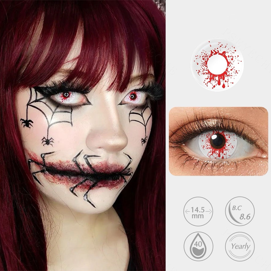 Blood Splatter white and red Halloween contact lenses for gruesome scary eyes