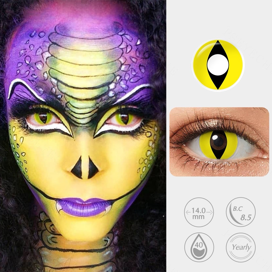 Model wearing Infernal Gaze lenses for a demonic and feline Halloween look