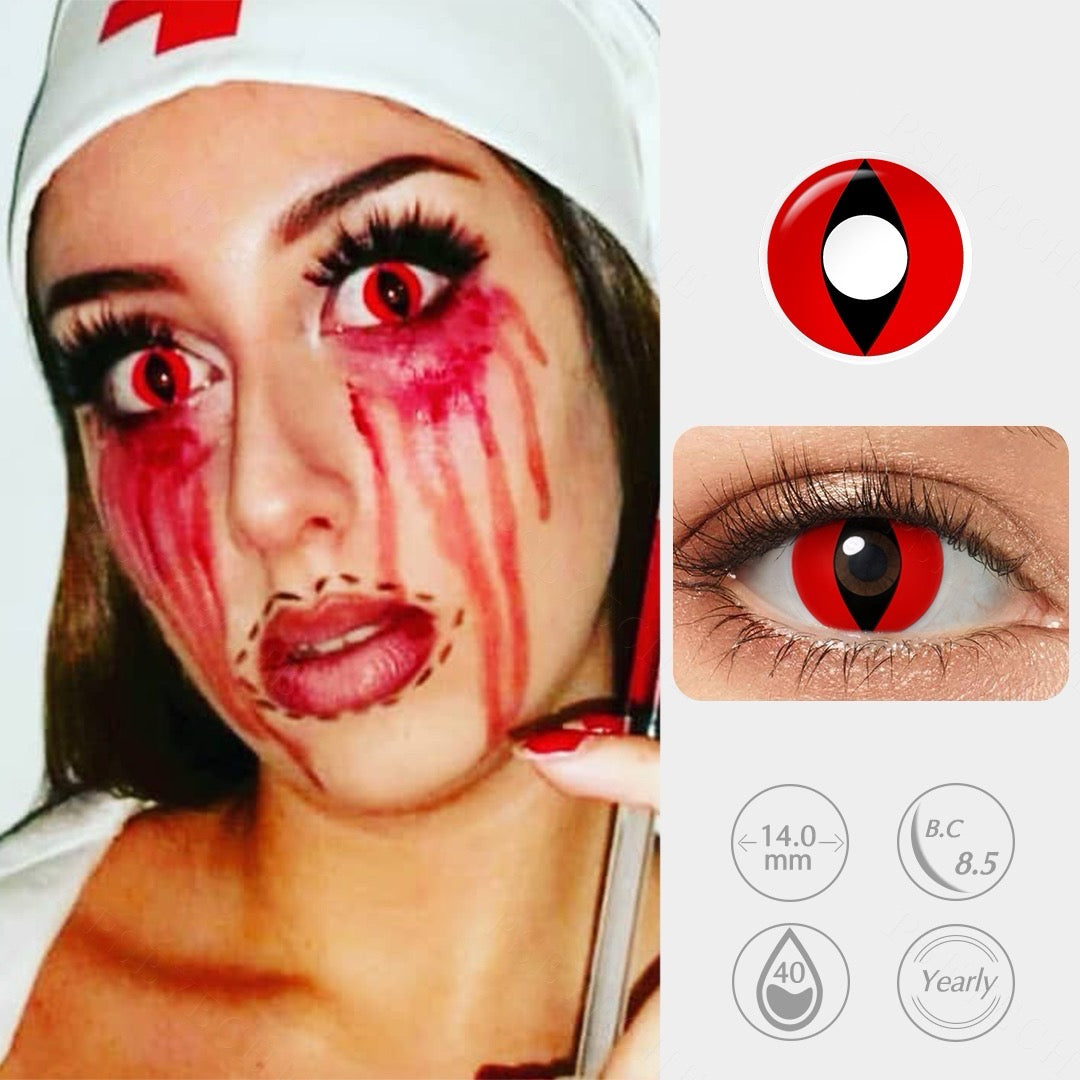 Scary red contact lenses with a diamond-shaped black pupil, perfect for Halloween or cosplay, offering comfort and dramatic effect