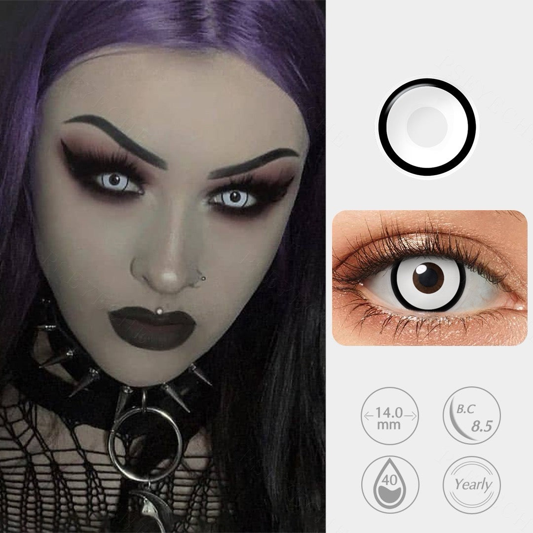 White contact lenses with a black outer ring, designed for Halloween or horror cosplay, offering high contrast and breathable comfort