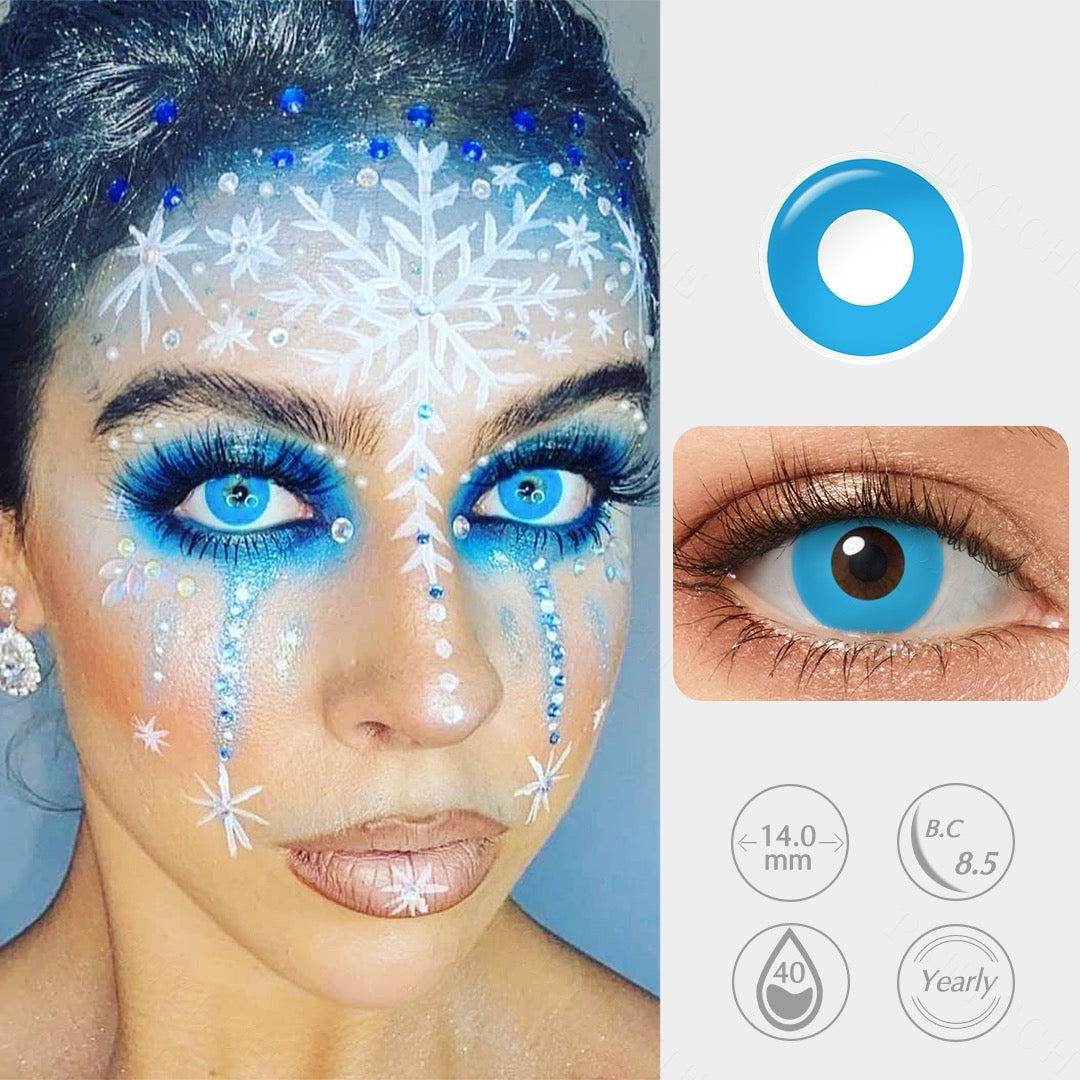 All blue Halloween contact lenses for cosplay or costume looks, offering intense color with breathable comfort and UV protection