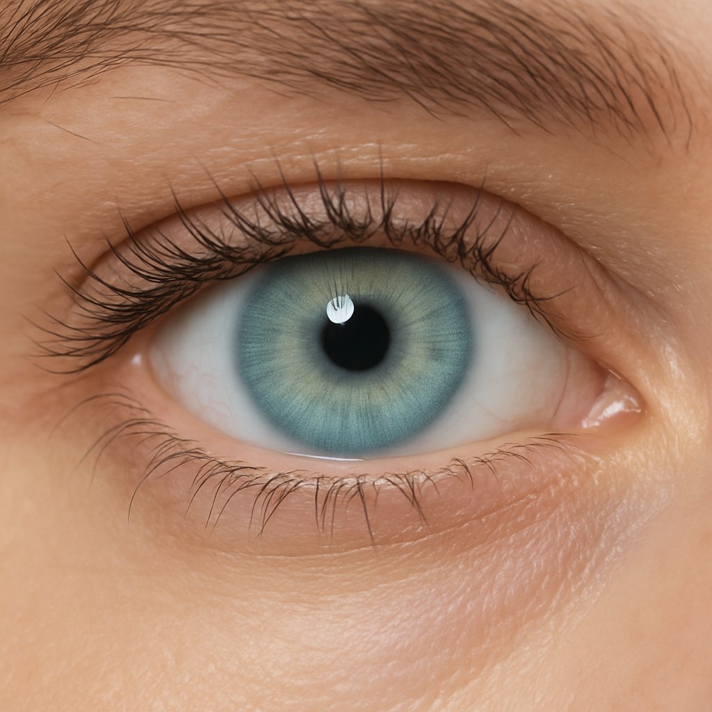 Close-up of Opale blue contact lenses blending light and deep blue shades naturally