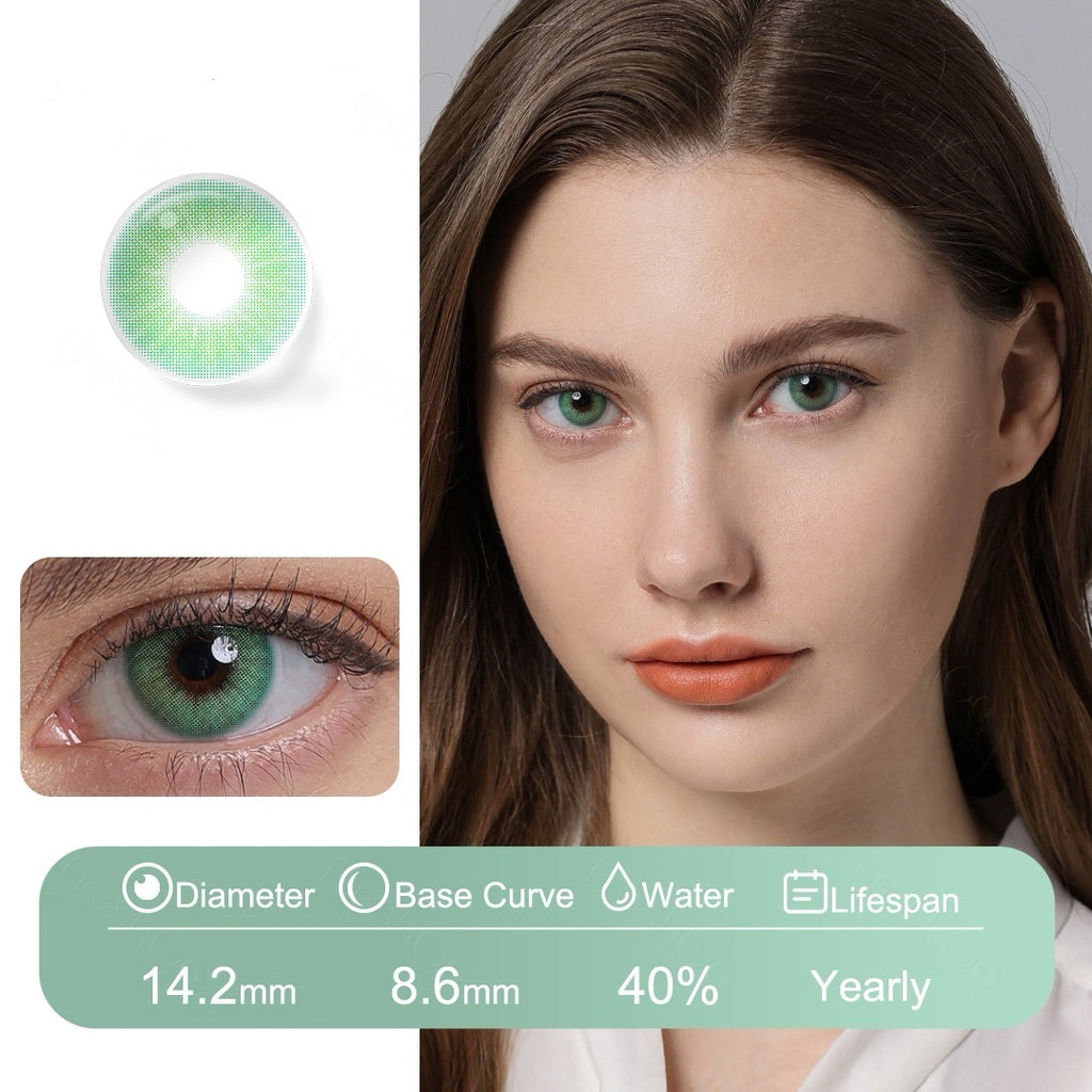 Green contact lenses with a vibrant tone and natural finish, crafted by Natura Eyes with Fusion Technology for seamless wear and comfort