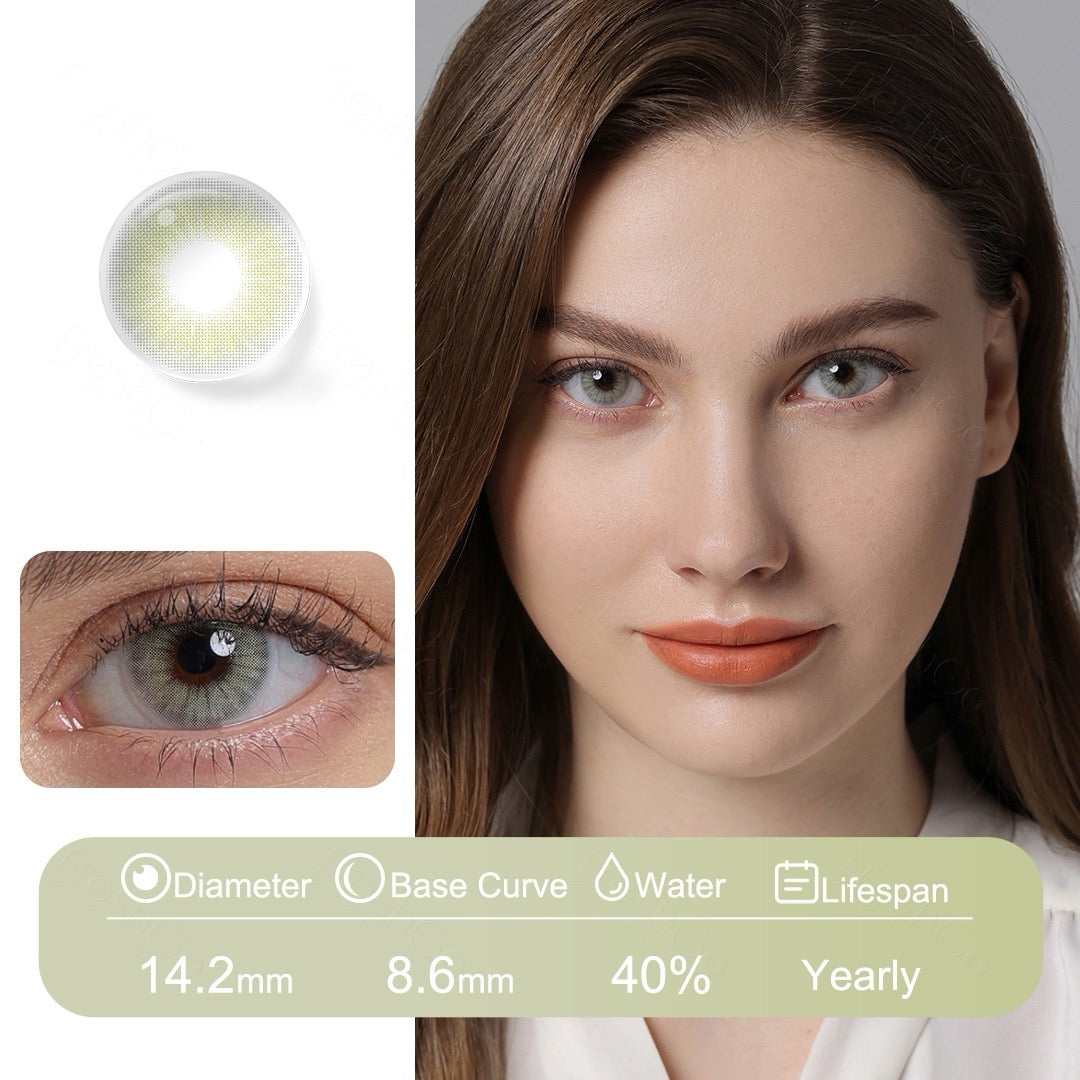 Green contact lenses with a soft, nature-inspired tone—designed by Natura Eyes with Fusion Technology for a natural look and all-day comfort